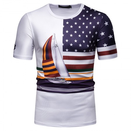 New Men's Plus Size Stars and Stripes Sailboat Print Short Sleeve T-Shirt